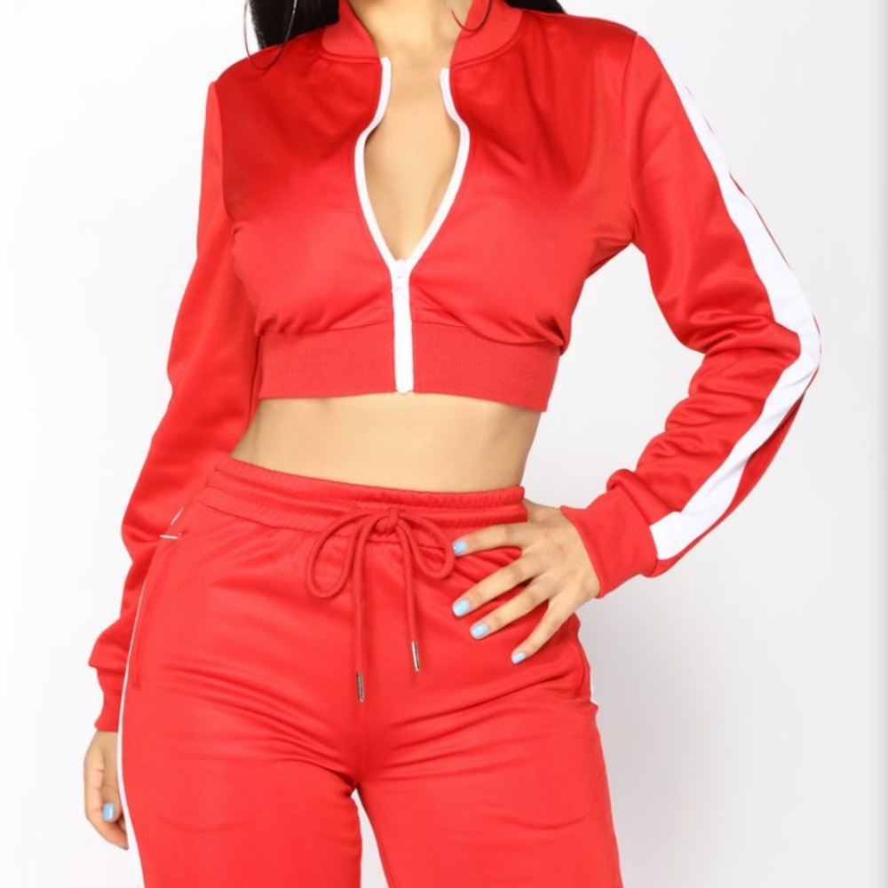 Bright red sweat suit